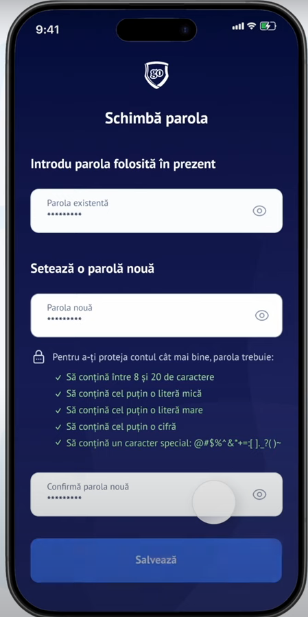 Accepta conditiile, setare parola BT GO