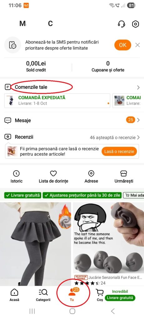 Intra în aplicație - cont - comenzi