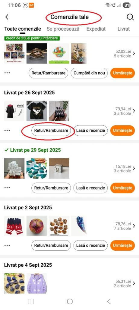 Alege comanda pentru retur