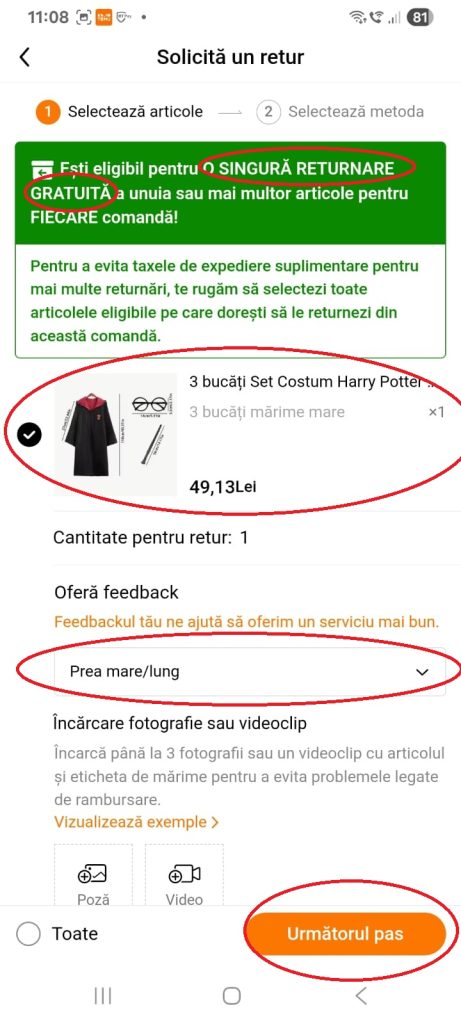 Alege produsele retur și selectează motivul