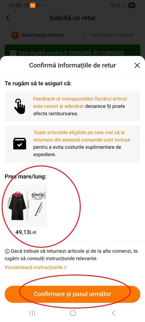 Confirmă produsele pentru retur